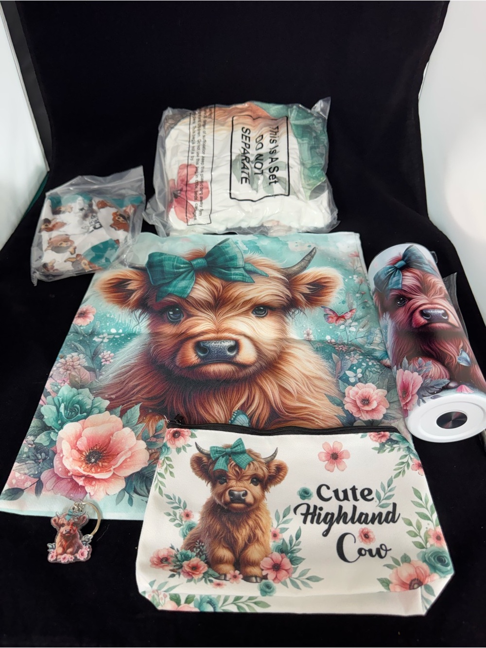 Cute Highland Cow Floral Tote and Pouch Set - Teal & Pink